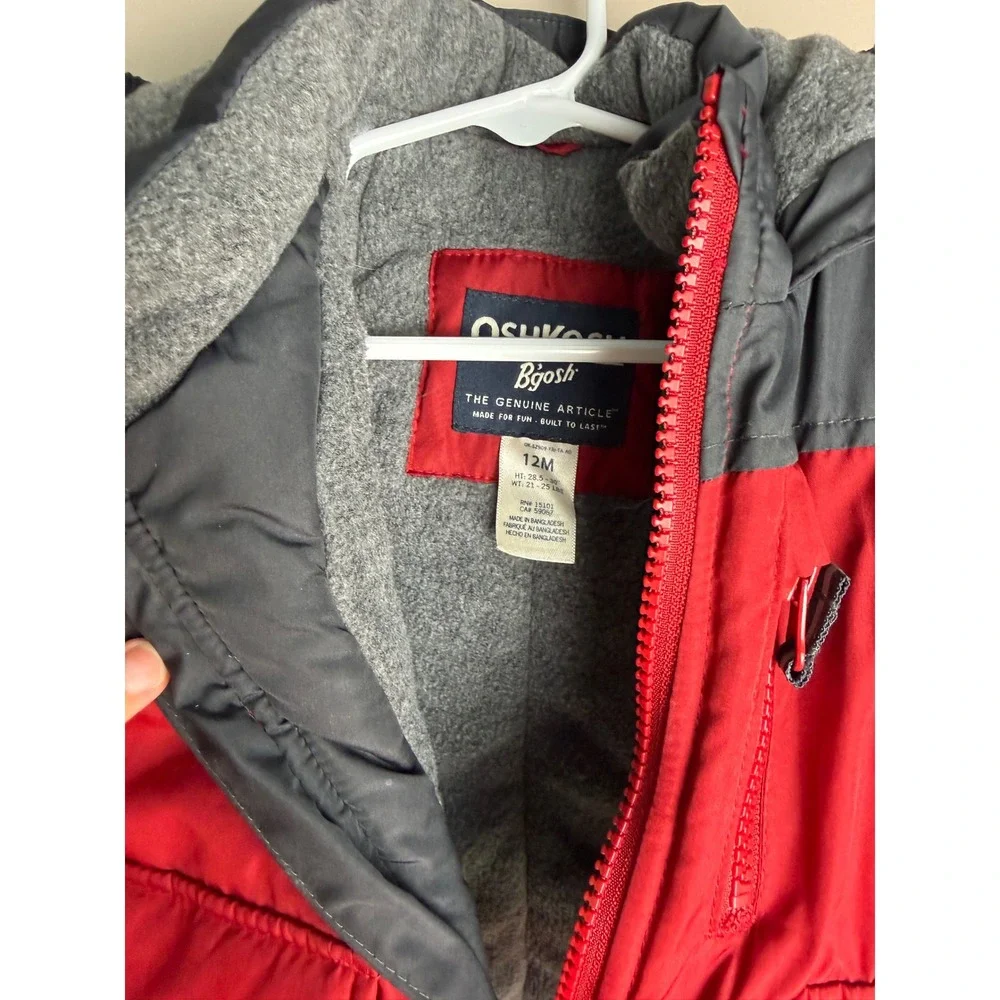 OshKosh Bgosh Baby Boy Red Gray Fleece Lined Hooded Puffer Winter Jacket 12M